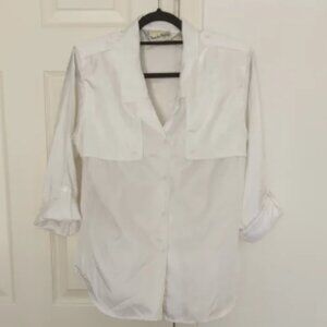 Diane Von Furstenberg White Button Down Silky Shoulder Pads Blouse Size Medium